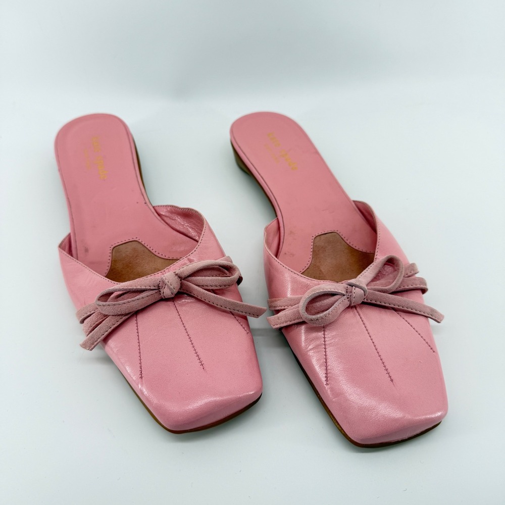 Kate Spade Pink Leather Square Toe Bow Mule Flats Made in Italy Size 7.5B